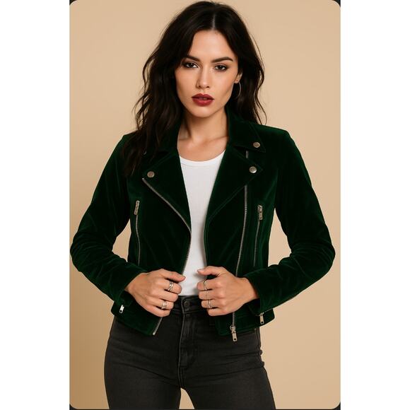 Lulu’s Dark Green Velvet Moto Jacket Zip Up Biker Coat Size Small - Picture 1 of 10